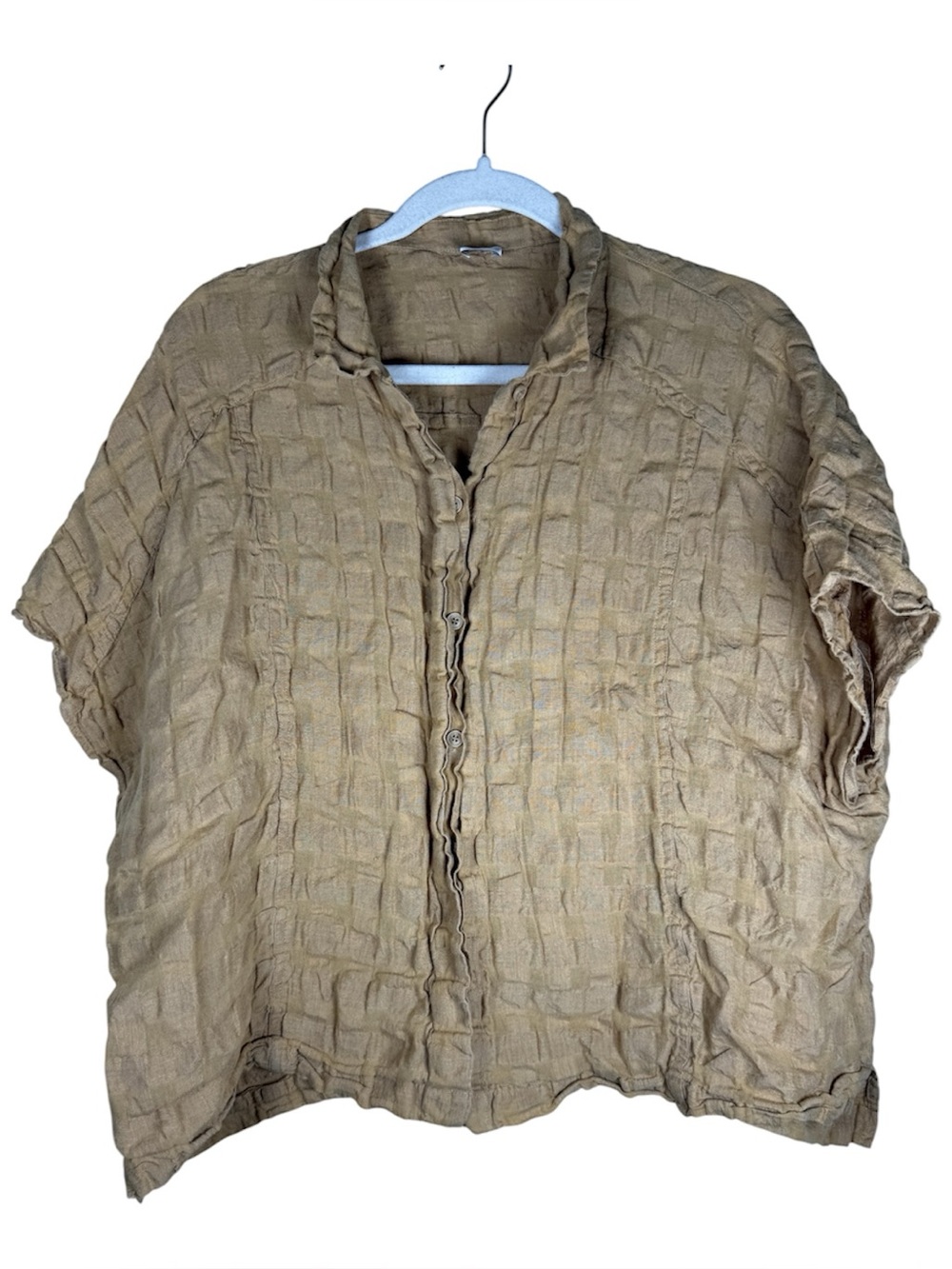 Poetry Tan Linen/Cotton Blend Short Sleeve Boxy Cut Button Down Blouse Size 14